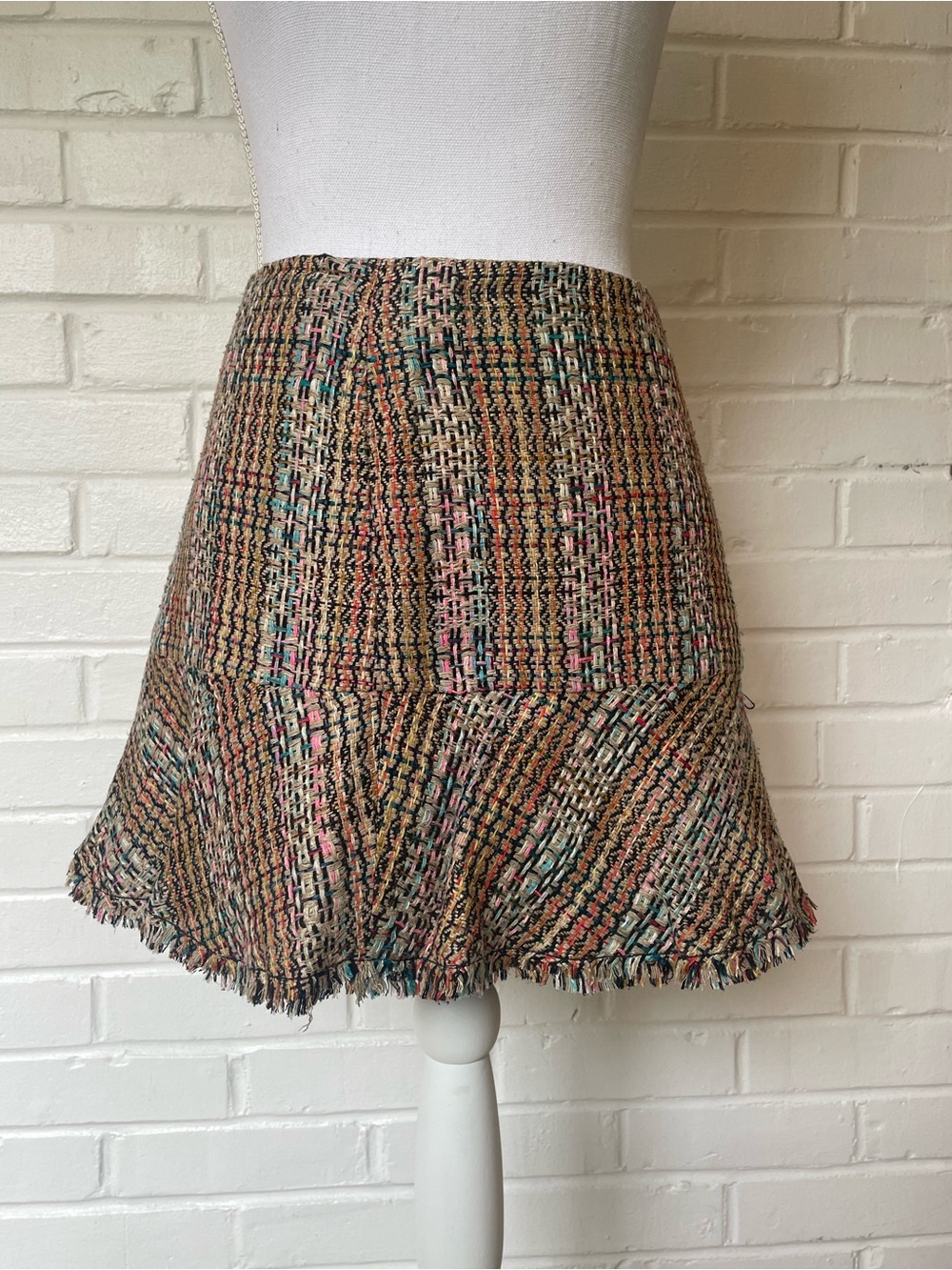 Theory Beige Multicolor Tweed Flared Mini Skirt Size 6 Silk